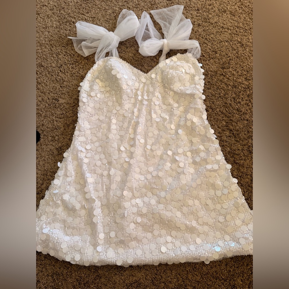 White Sequin Kids Dress with Tulle Straps